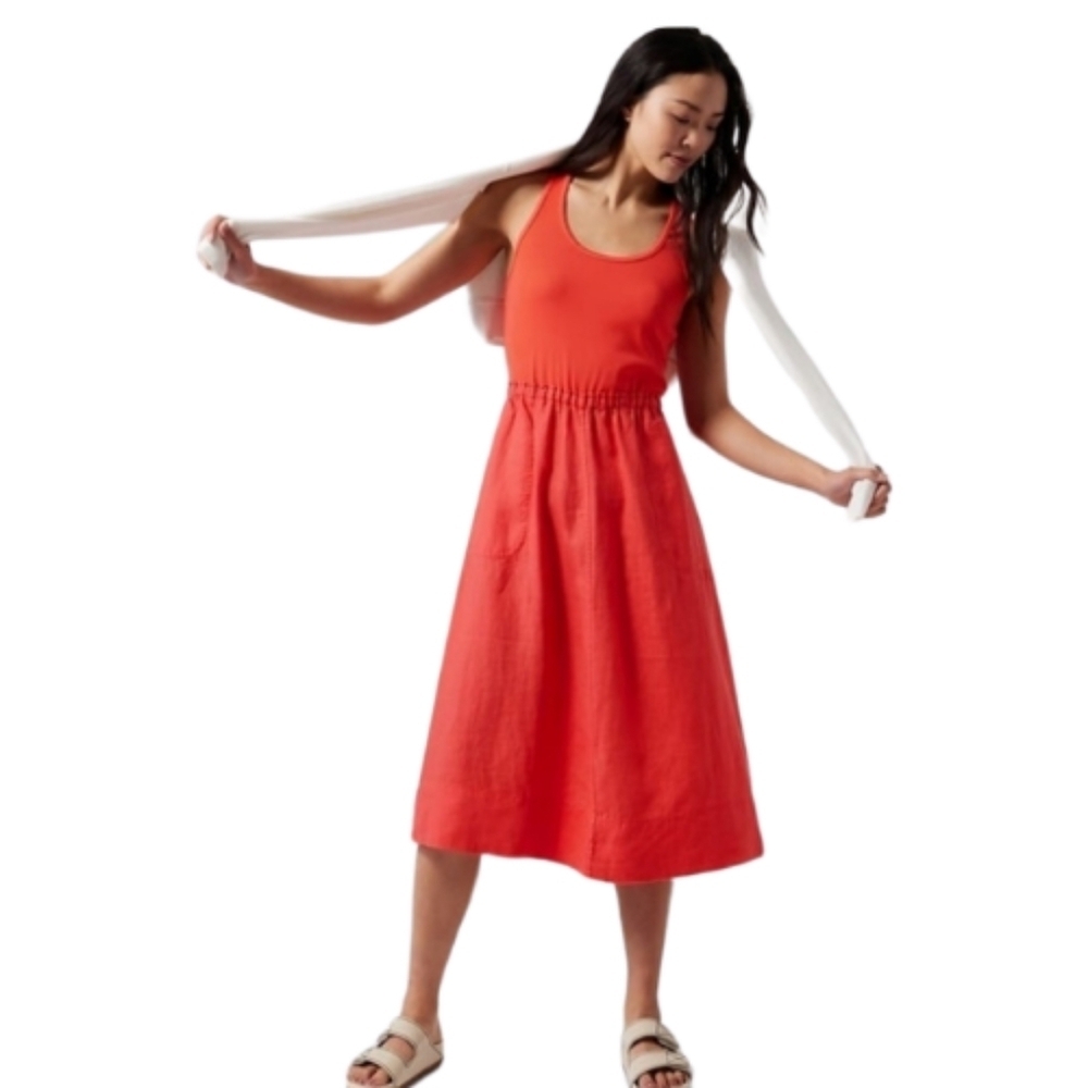Athleta Baja Linen Midi Dress Size Large Pockets Racerback Passionfruit Pink